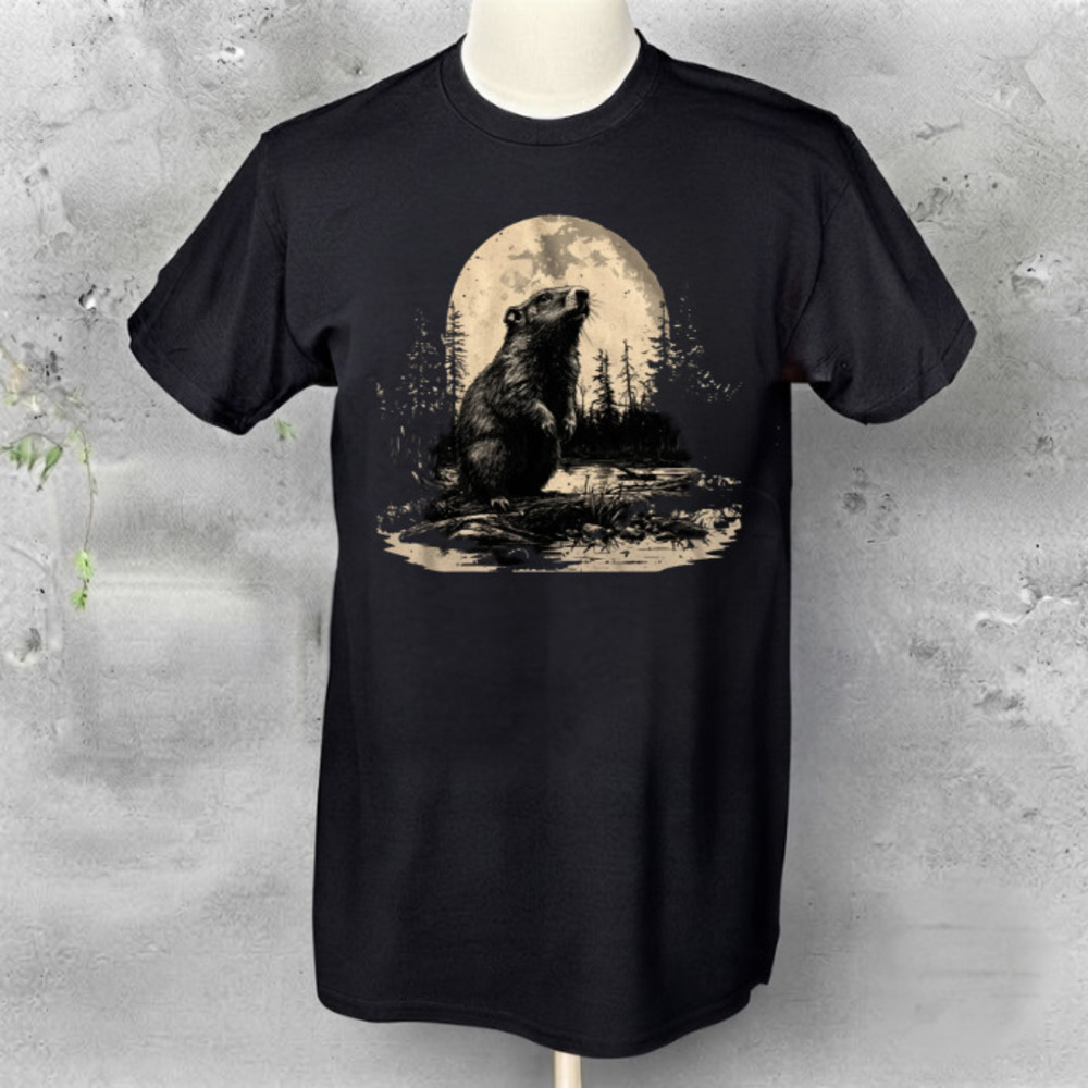 Beaver Full Moon Forest Nature Wildlife Vintage Black T-Shirt